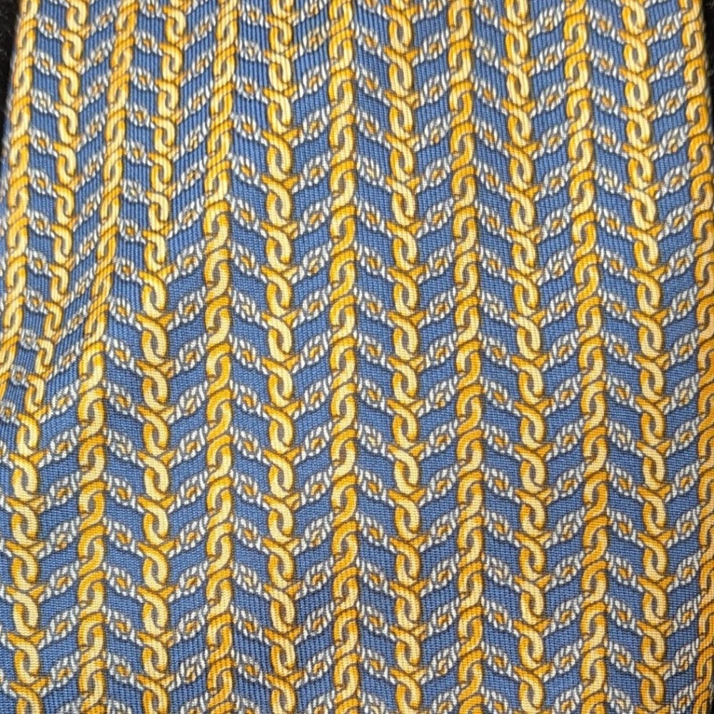 RICHEL $110 Hand Made 100% Silk Blue Gold‎ Chain Stripe Luxury Necktie
